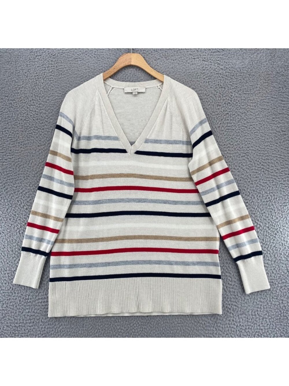 LOFT Sweater Womens Small Ivory Multi Striped Deep V Neck Tunic Raglan Sleeves